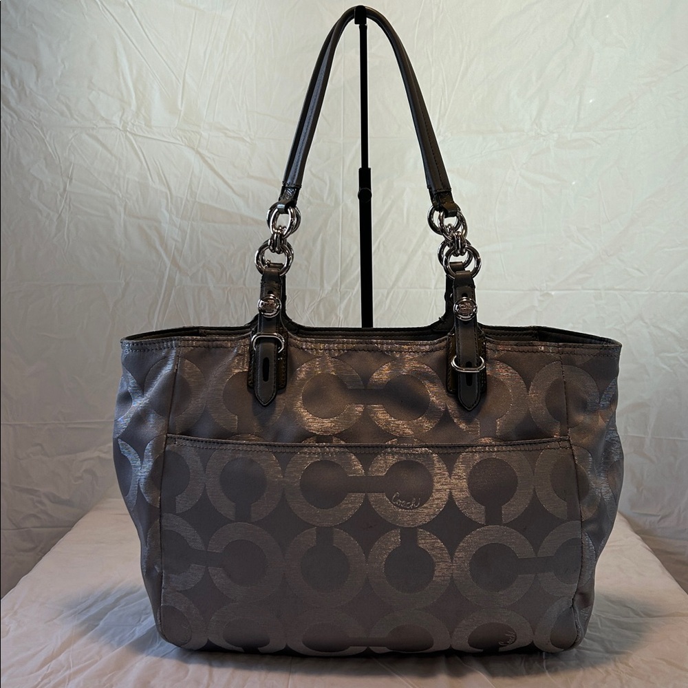 Coach Mia Op Art Lurex Grey Canvas Tote No 15746 - Picture 2 of 10